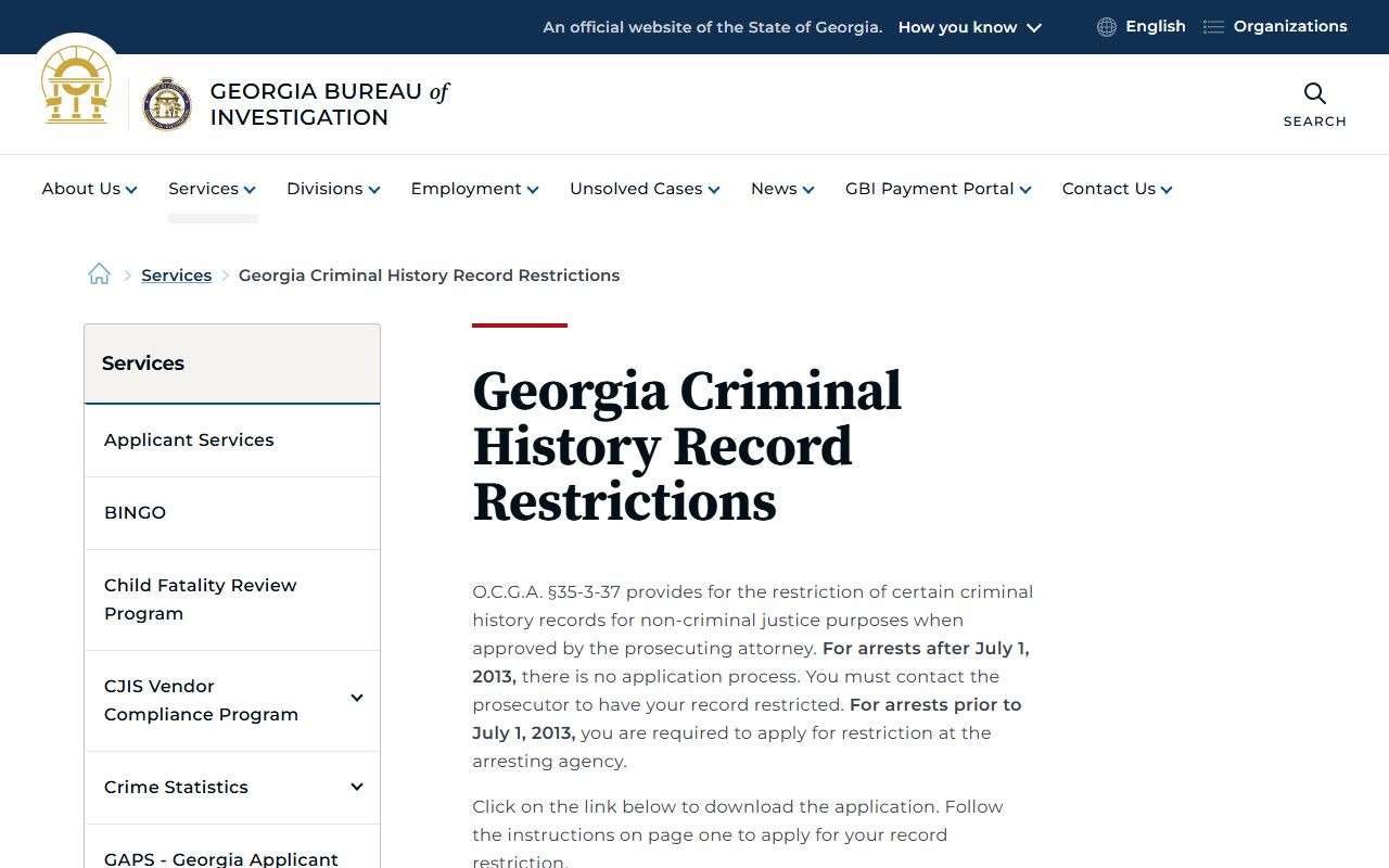 GBI criminal history record restrictions page for Georgia arrest records
