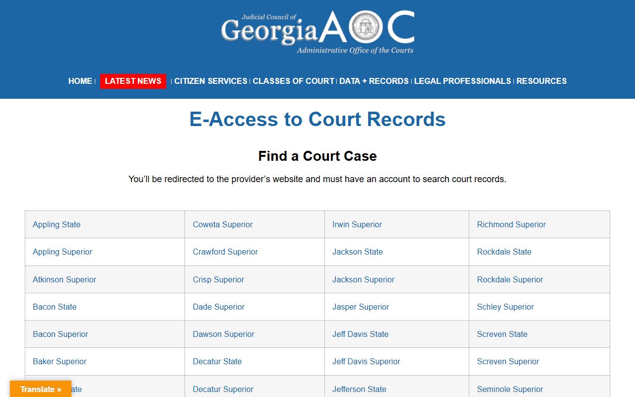 Georgia Courts e-access directory showing Taylor Superior court record access