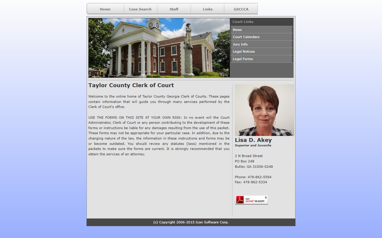 Taylor County Clerk of Court homepage with case search link and clerk contact information