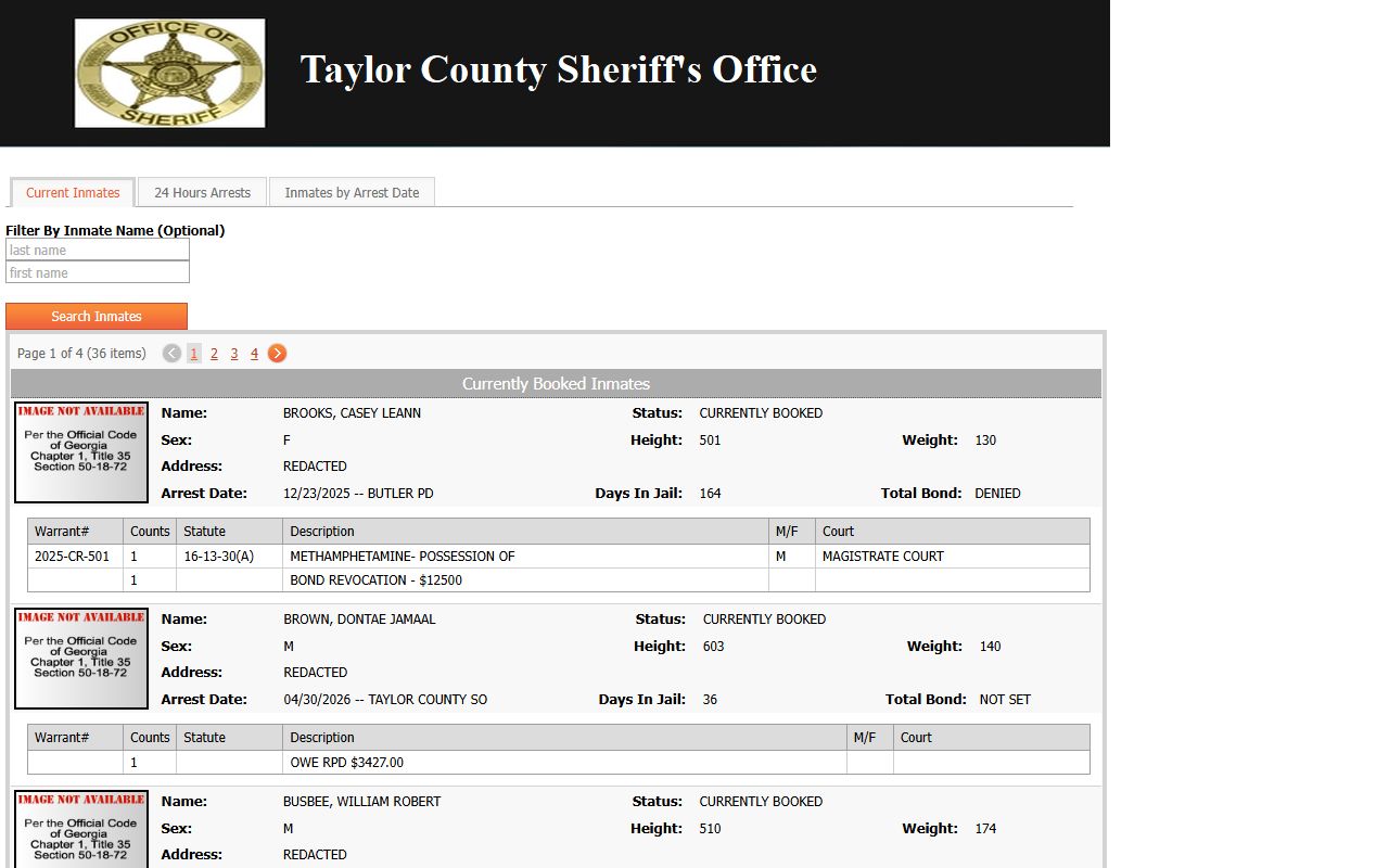 Taylor County inmate population current jail roster search fields